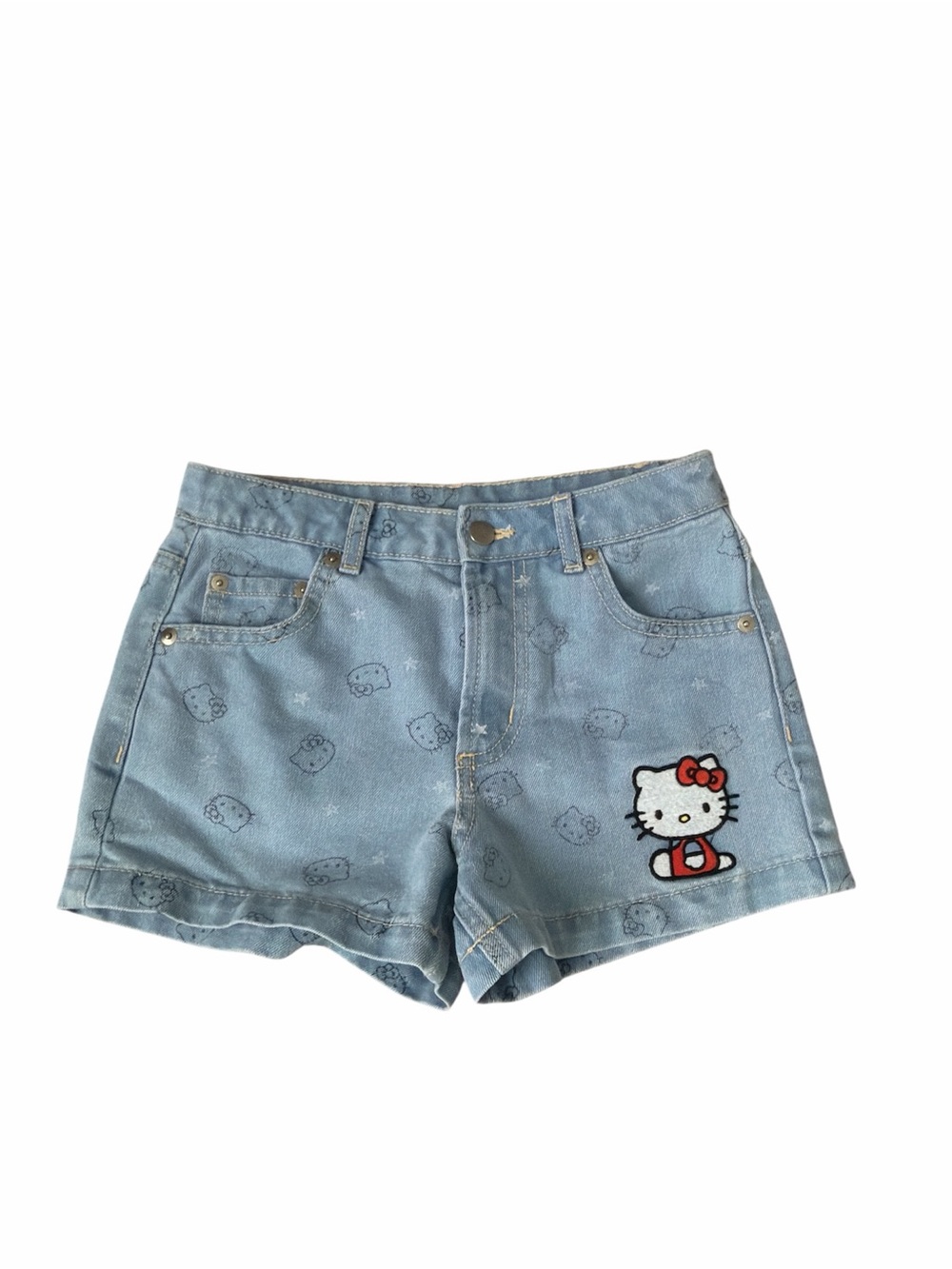 HELLO KITTY Denim Light Wash Shorts All-over Print And Patch